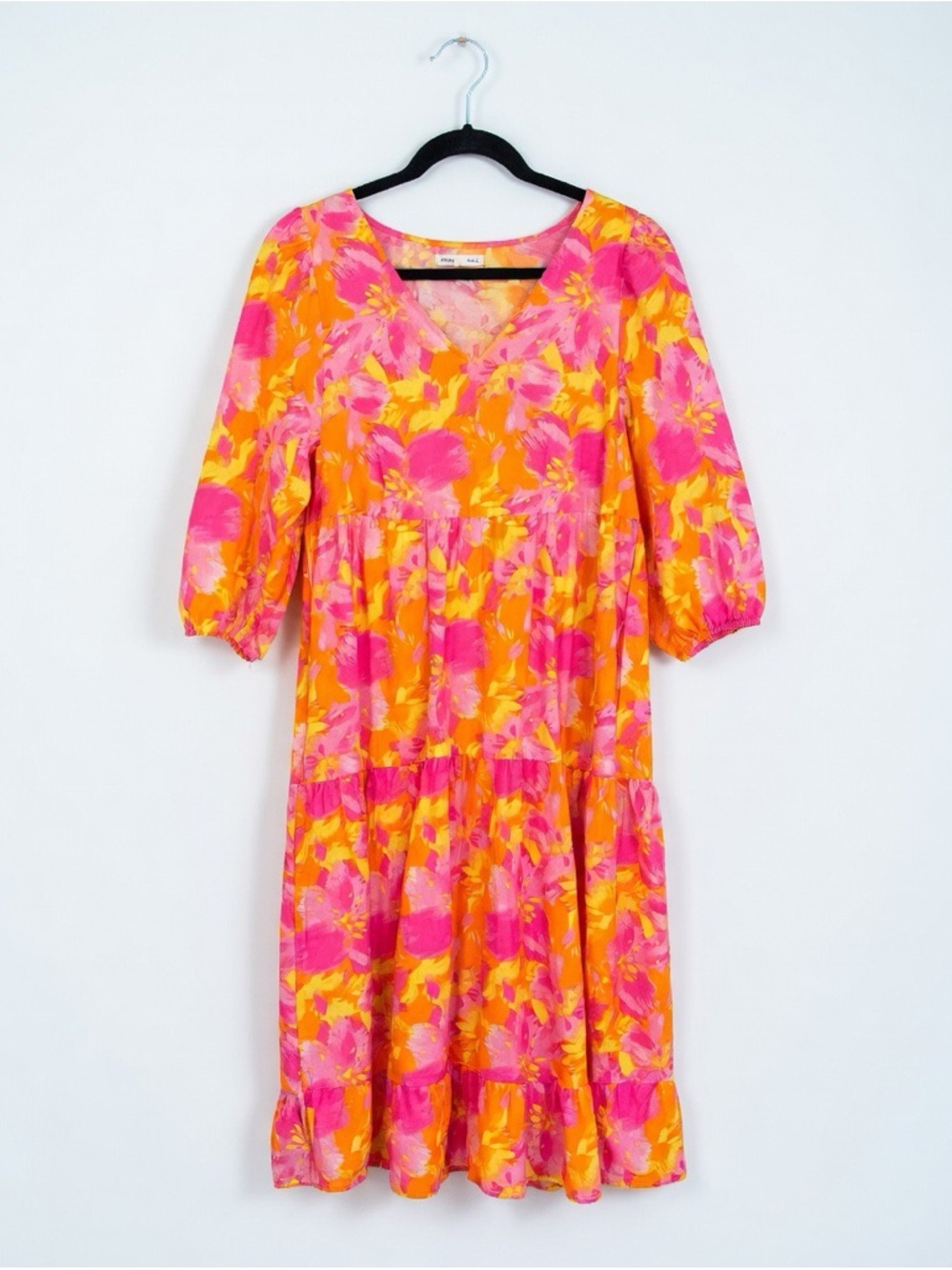 Pink & Orange Floral V-Neck Tiered Midi Dress